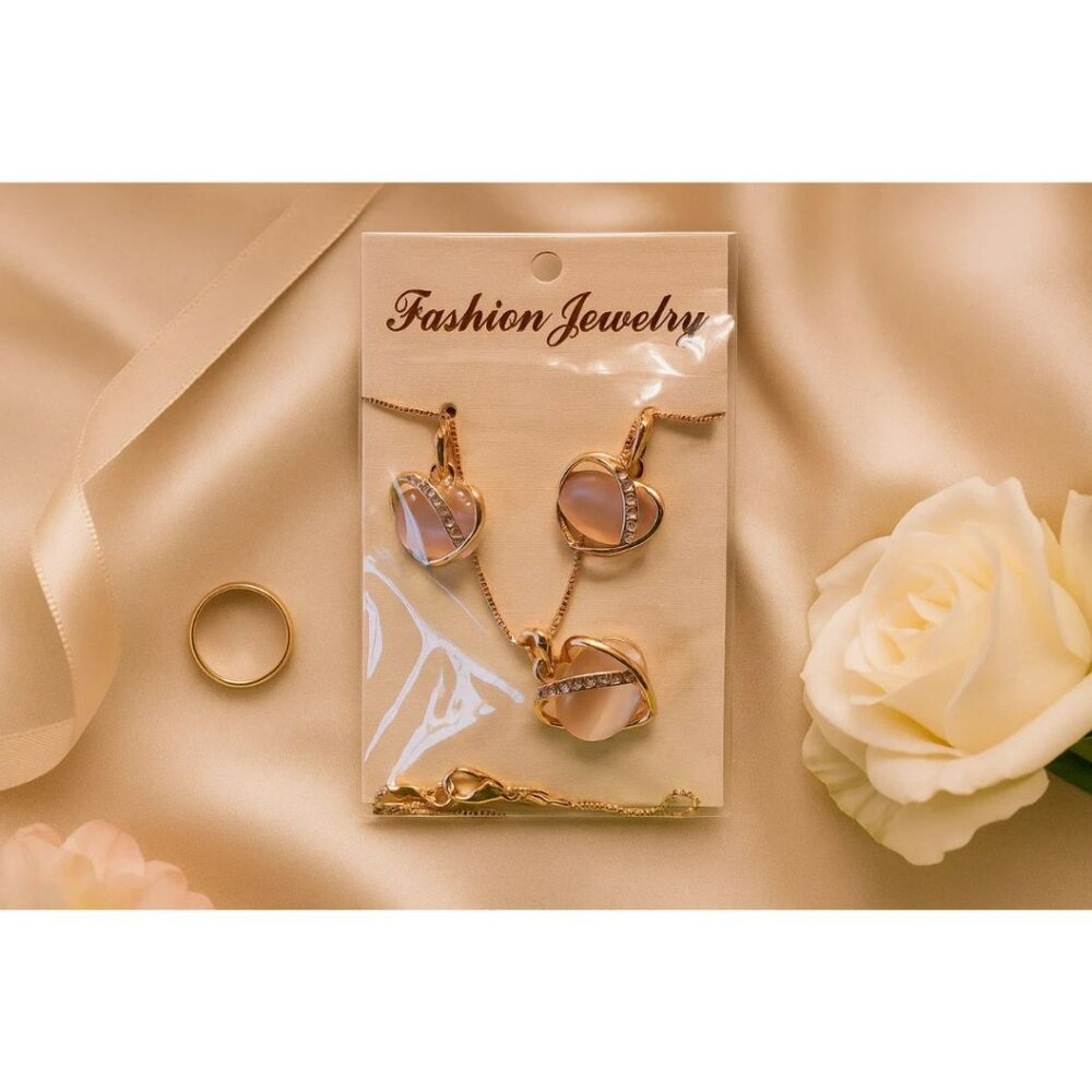 Rose Gold Necklace & Earrings Set With Pink Stone & Rhinestones